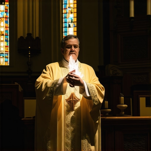 Priest performing exorcism with sacred symbols and holy water in a church setting.