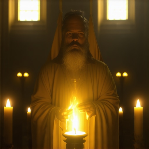 A seasoned exorcist conducting a ritual with divine symbols and holy water, highlighting spiritual authority and tradition.