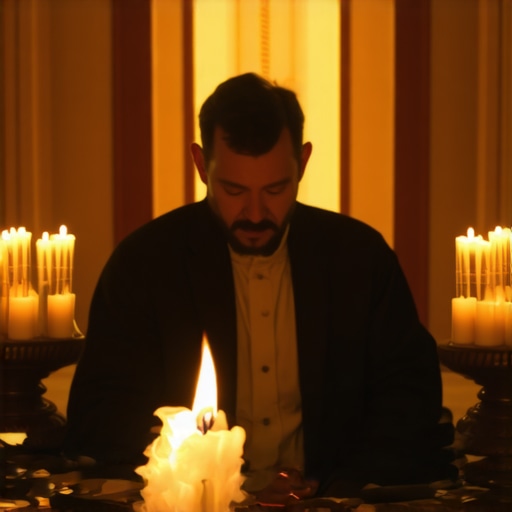 A seasoned exorcist conducts a spiritual cleansing ritual using sacred symbols and Holy Water in a dimly lit church setting.