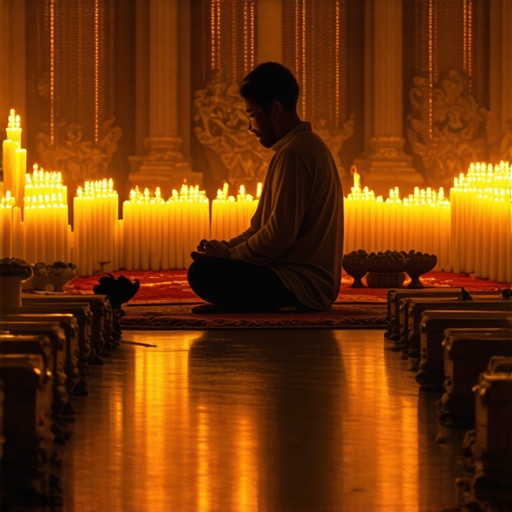 A person praying with candles and religious symbols during spiritual warfare