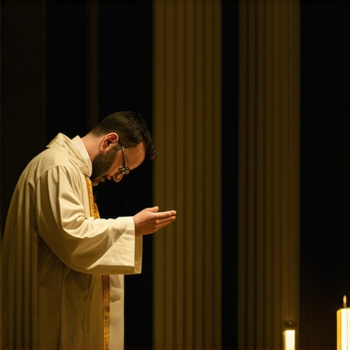 A priest performing a sacred exorcism ritual in a church setting, surrounded by spiritual symbols