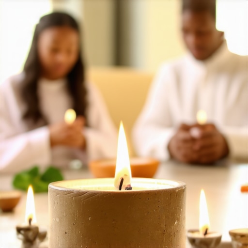 Clergy and family performing prayer ritual in Virginia home for spiritual cleansing