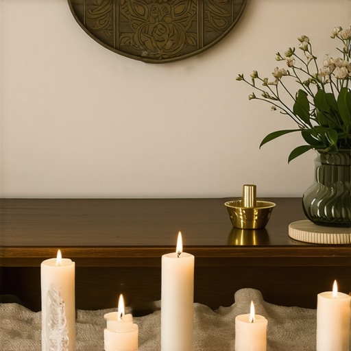 A peaceful space with religious symbols and candles for spiritual reflection