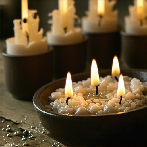 A peaceful spiritual ritual with holy water, candles, and sacred symbols creating a protective atmosphere