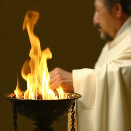 Priest performing spiritual exorcism with divine symbols during ritual