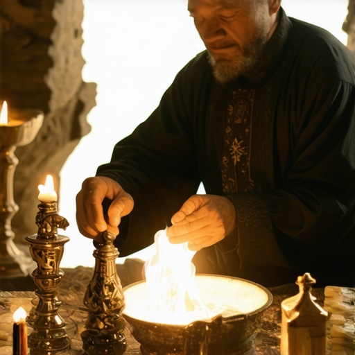 Exorcist conducting spiritual ritual with holy objects and symbols for demon removal.