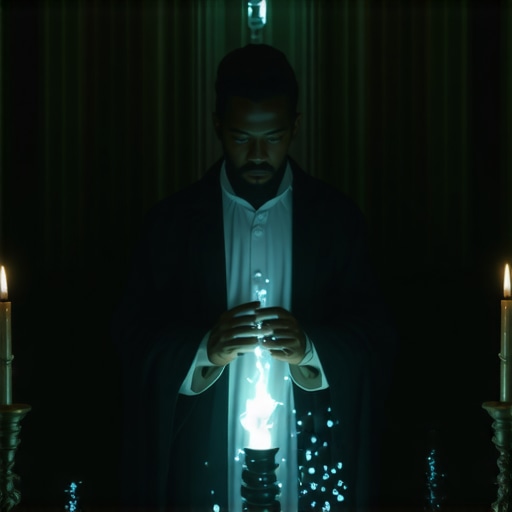 Exorcist performing spiritual cleansing ritual with holy water and sacred symbols.
