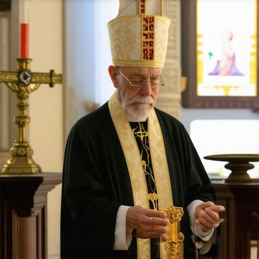 A seasoned exorcist conducts a powerful Catholic ritual using relics and sacred prayers in a dimly lit, sacred space.