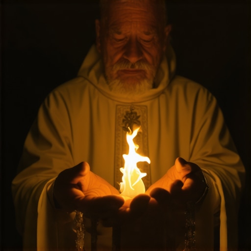 Traditional Catholic Exorcism Ritual in Washington DC Exorcist performing Catholic exorcism with sacred symbols and holy water in dimly lit room