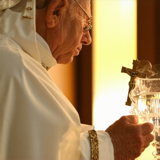 Priest performing exorcism with holy water in a peaceful setting