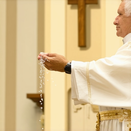 Exorcist performing spiritual ritual with sacred symbols in Virginia church