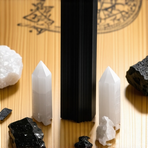 Black tourmaline and selenite crystals with spiritual symbols for long-term demonic removal maintenance.