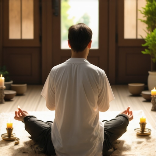 A person conducting a spiritual ritual at home with religious symbols