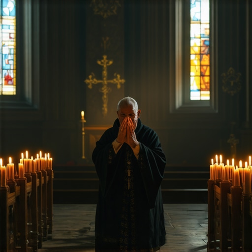A priest conducting a Catholic exorcism in Virginia, with sacred symbols and prayer candles