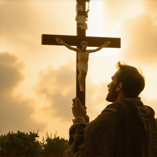 Person praying with crucifix and holy water in a serene setting.
