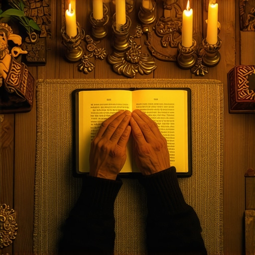 Person performing a spiritual ritual with candles and religious symbols to maintain spiritual defense.
