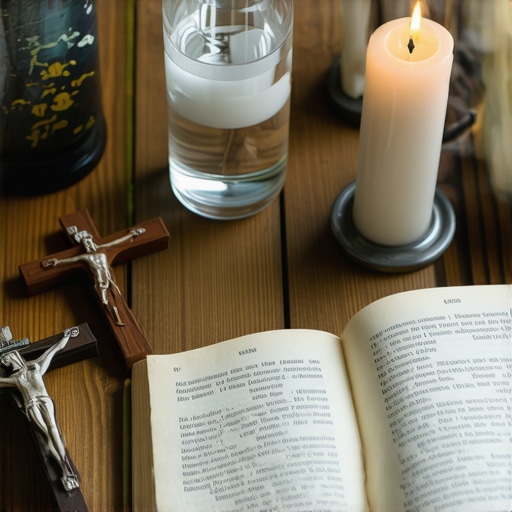 Religious items like holy water, crucifix, and prayer books used in spiritual protection and exorcisms.