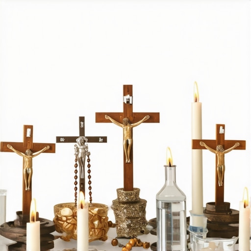 Religious artifacts such as holy water, crucifix, and prayer beads arranged on an altar for spiritual protection.