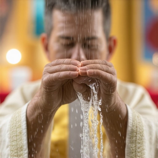 Priest blessing holy water during a ritual to ward off evil spirits.