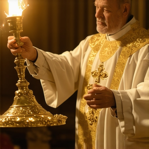 Priest performing exorcism with sacred symbols and holy water in a dimly lit church