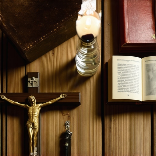 Catholic Exorcism Tools for Spiritual Protection An arrangement of religious artifacts used in Catholic exorcisms, emphasizing their spiritual significance.