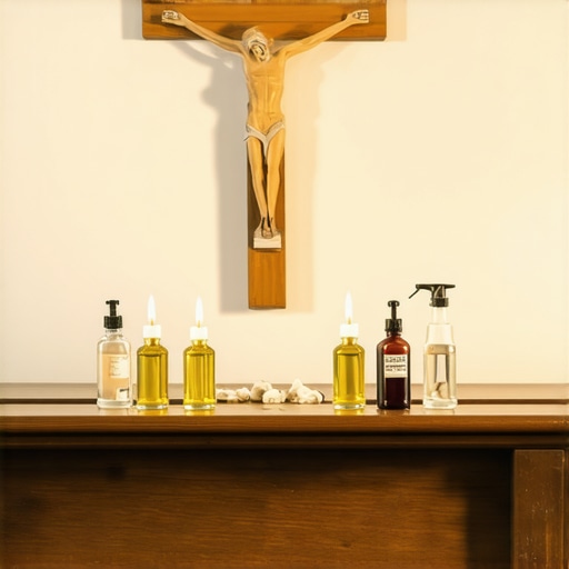 A setup of Catholic exorcism tools including relics, crucifix, holy water bottle, and blessed oils on a wooden altar.