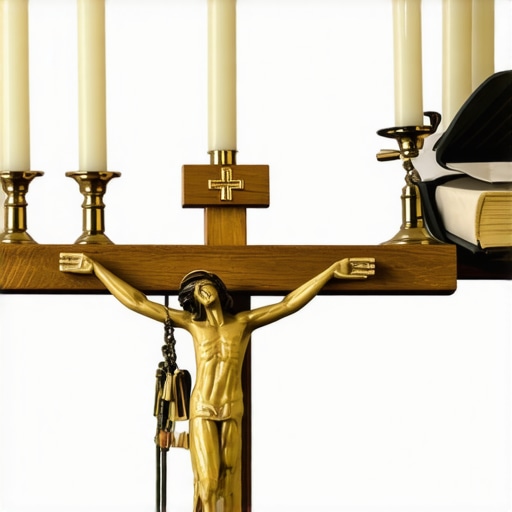 Catholic exorcism tools arranged on altar for spiritual blessing