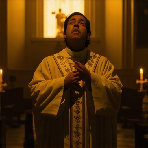 A priest conducting a Catholic exorcism in a church setting with holy symbols
