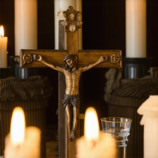 Blessed crucifix, holy water, and prayer tools arranged for spiritual protection.