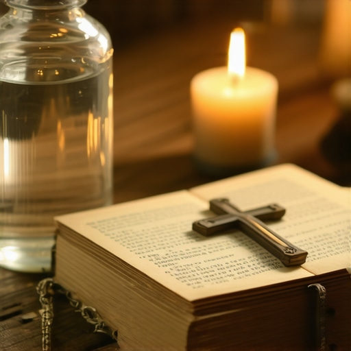 Spiritual Defense Tools in Action Holy water, prayer book, and cross on a table for spiritual protection.