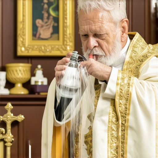 Priest blessing religious items with holy water for exorcism ritual.