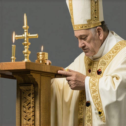 Catholic Exorcism Ritual in Progress Priest conducting a Catholic exorcism with sacred items on an altar.