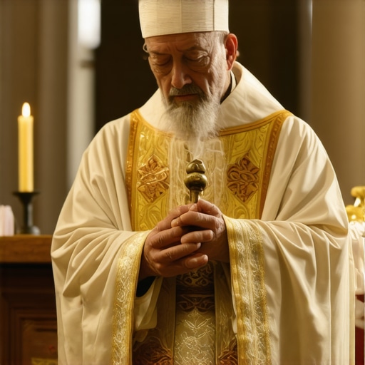 A priest with holy water, crucifix, and prayer manual at an exorcism altar