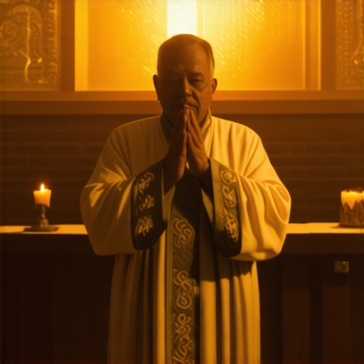 A Catholic priest conducting a blessing in a dark attic, symbolic of spiritual cleansing.