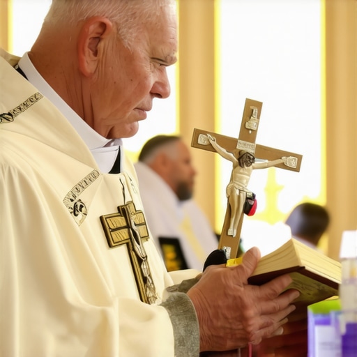 Priest with crucifix and holy water preparing for exorcism in Virginia.