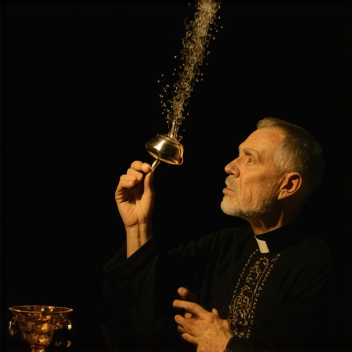 A priest conducting a Catholic exorcism in a sacred space, holding holy water and prayers.