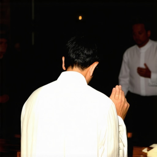 Prayer in Process during Exorcism Ritual A person praying earnestly with a priest conducting a ritual during an exorcism