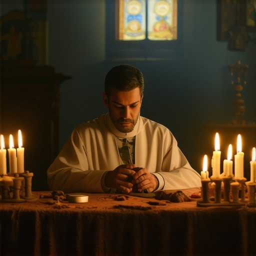 Catholic priest performing an exorcism ritual in a sacred space