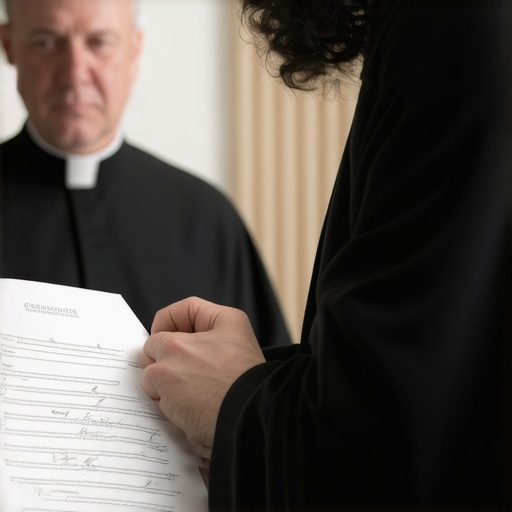 Person submitting exorcism request form to a priest in office setting.