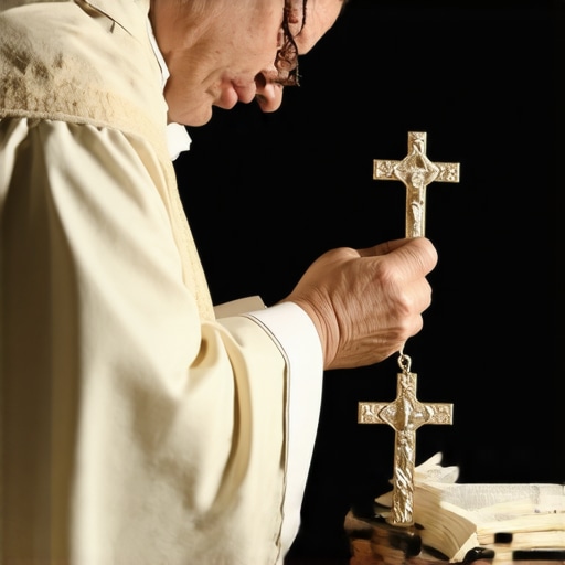 Priest blessing crucifixes and holy water during a spiritual ritual