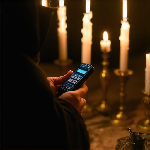 A priest recording audio during a spiritual ritual with traditional exorcism tools nearby.