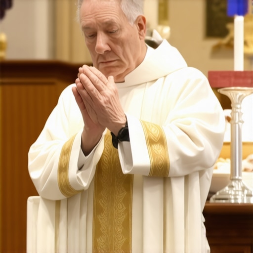 Priest performing exorcism prayer with sacred items in church