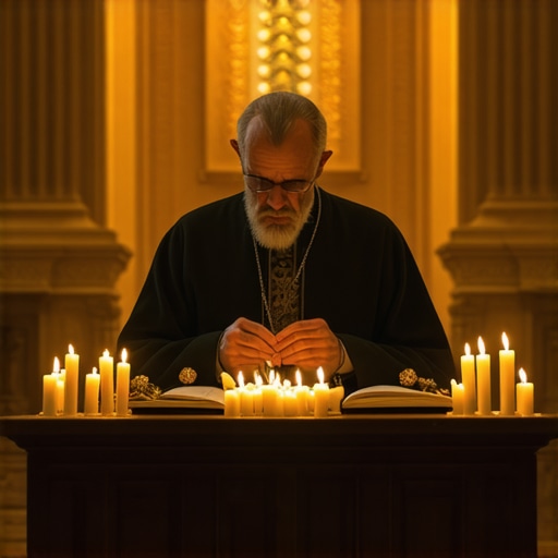 A priest conducting a Catholic exorcism ritual with holy water and sacred symbols in a church setting.