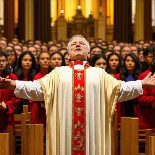 Priest conducting an exorcism ritual with faith community in a church