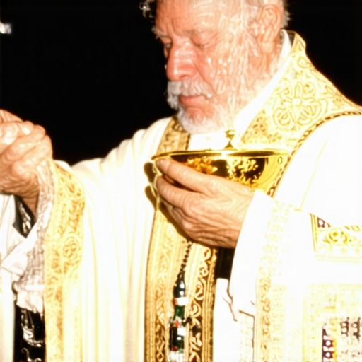 A priest conducting a Catholic exorcism with holy water in a church setting