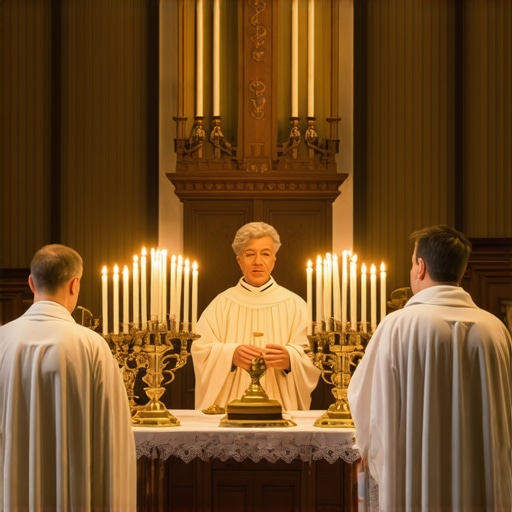 Priests performing an exorcism ritual in a church with candles and sacred items