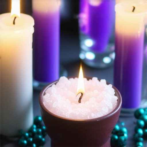 A cozy home altar setup with religious symbols, candles, blessed water, and salt to maintain spiritual protection.