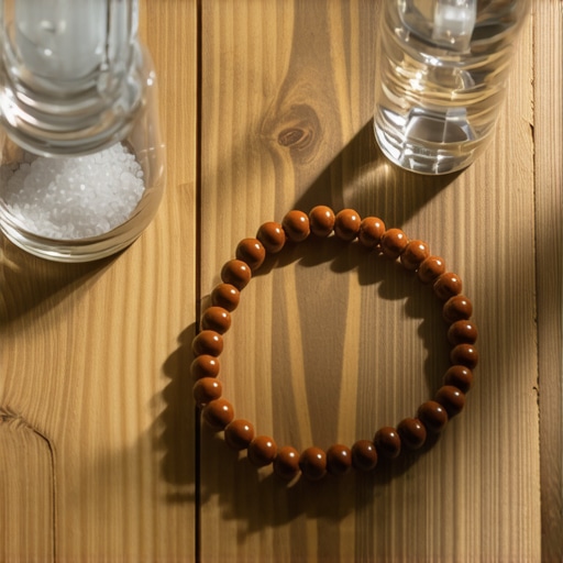 A collection of religious items including blessed salt, holy water, and prayer beads on a wooden surface.