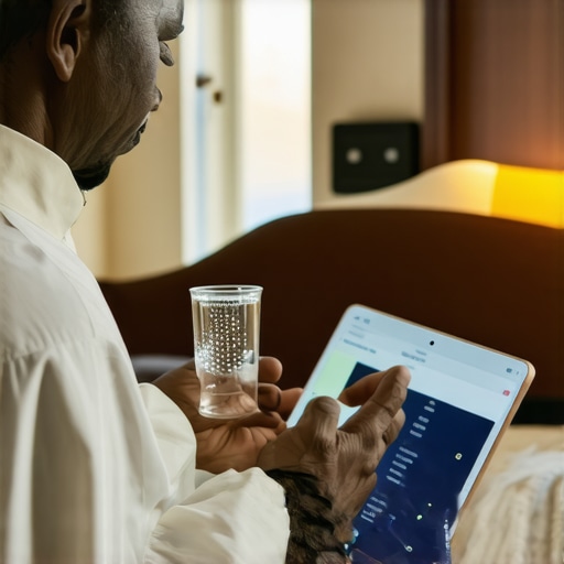 Person blessing a home with holy water while monitoring spiritual disturbances on a tablet device.