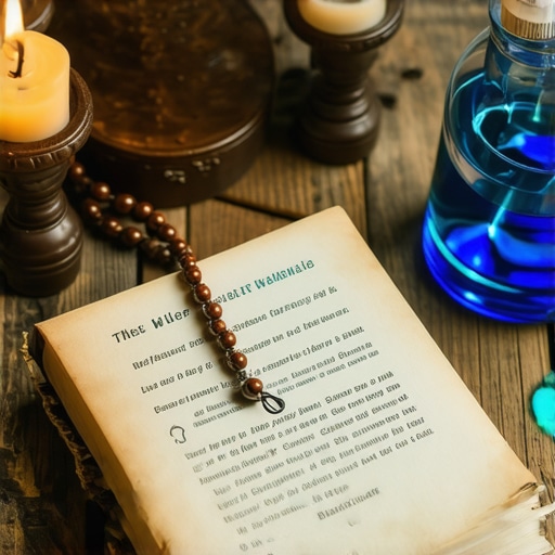 A collection of religious tools including a journal, holy water, and prayer beads arranged on an altar.